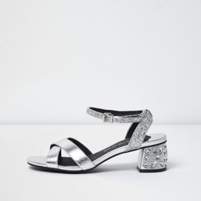 Silver metallic jewel block heel sandals